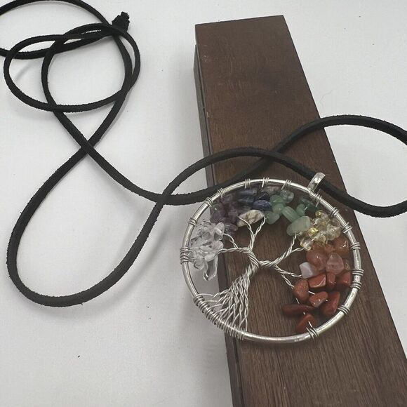 Natural Gemstone Tree Of Life Necklace Leather Chakra Healing Wire Wrap - Picture 7 of 8